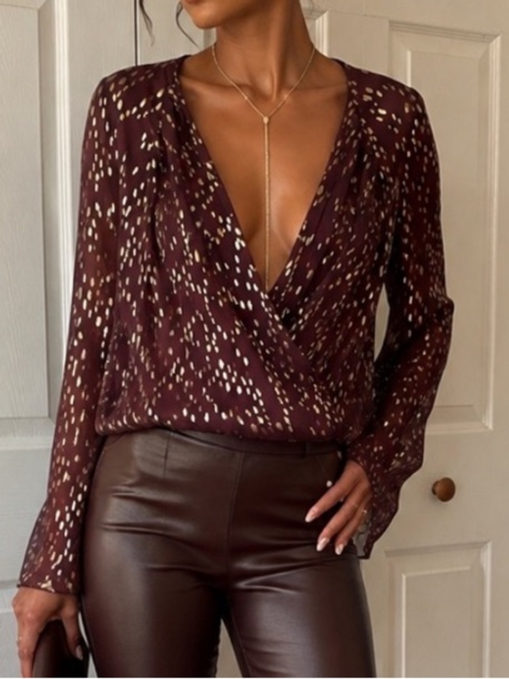 The Addison Story Elegant Deep V Browne with Gold Sparkling Prints Wrap Blouse